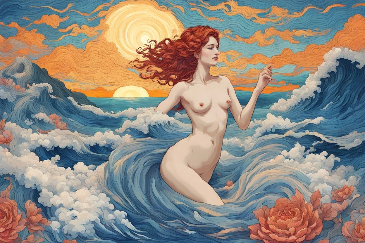 colourful digital painting of beautiful aphrodite, in the style of hokusai and van gogh