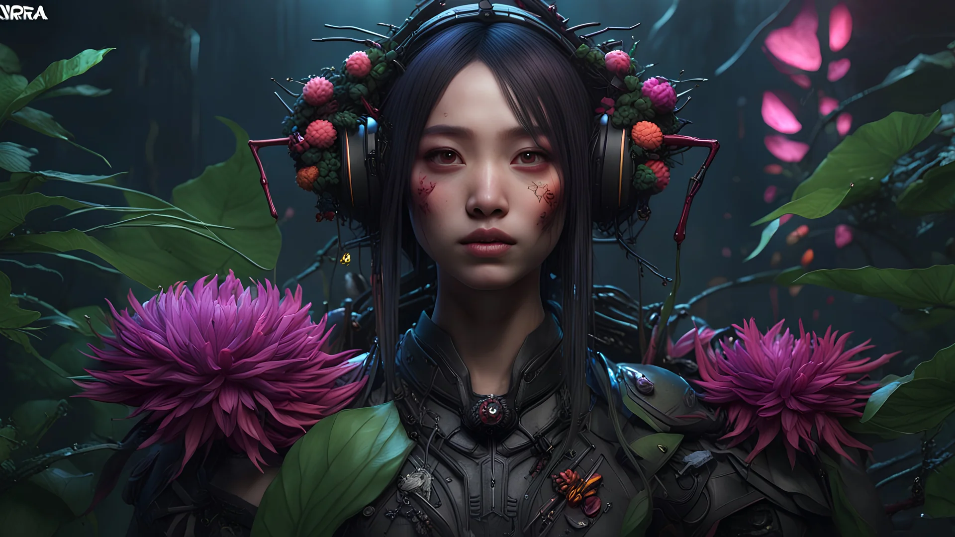 Expressively detailed and intricate 3d rendering of a hyperrealistic: asian girl, cyberpunk plants and flowers, neon, vines, flying insect, front view, dripping colorful paint, tribalism, gothic, shamanism, cosmic fractals, dystopian, dendritic, artstation: award-winning: professional portrait: atmospheric: commanding: fantastical: clarity: 16k: ultra quality: striking: brilliance: stunning colors: amazing depth