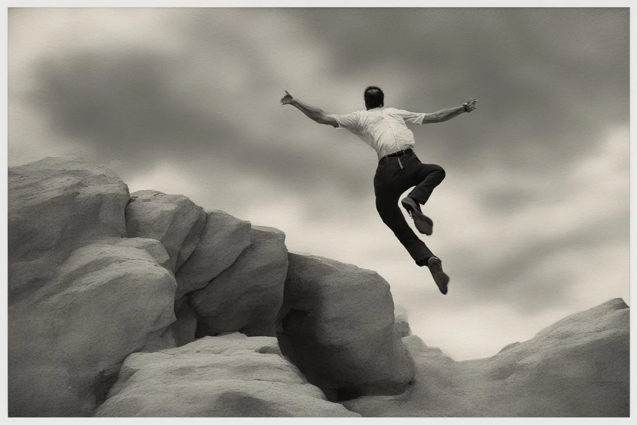 man jumping from the cliff by phil hale