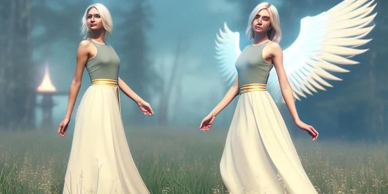 subtle queen, atmospheric, realistic, unreal engine, cinematic lighting, octane render, transparent long dress, blonde, full body, bright wings, smile, long hair