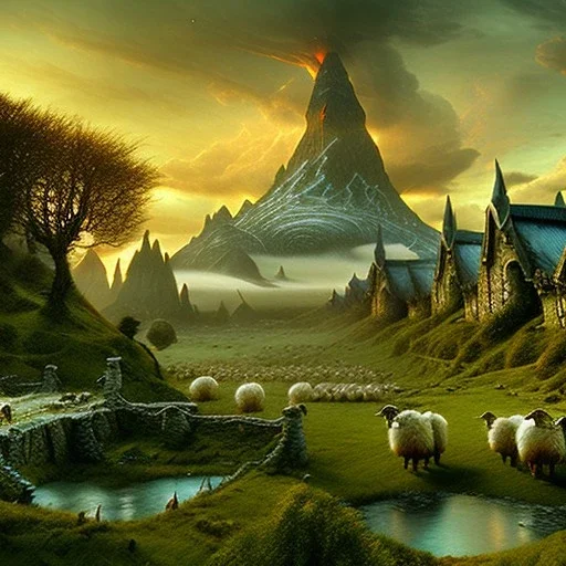 Epic Drawing of mordor scenery with sheeps of The Hobbit estilo Van Gogh 4k