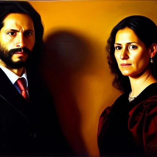 portrait of Jacobo Santiago Mozos born in 1976 and Gemma Arnau Arnau born in 1979,by DIEGO VELÁZQUEZ, oil on canvas, cinematic composition, extreme detail,8k,fit full head inside picture