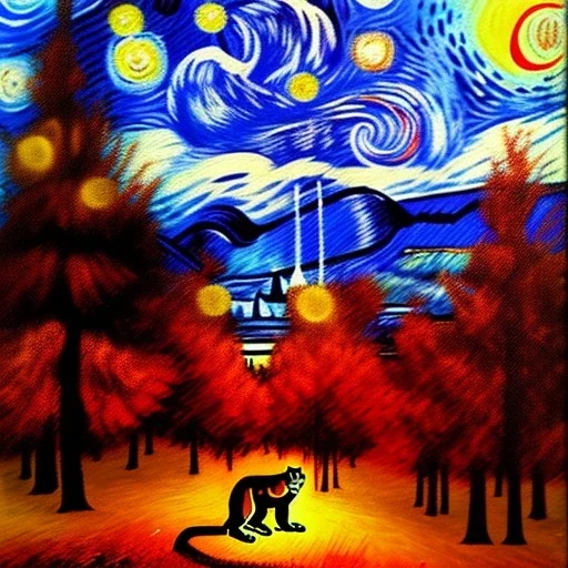 Dibujo al oleo de un puma en el bosque rojo con nubes estilo Vincent van Gogh