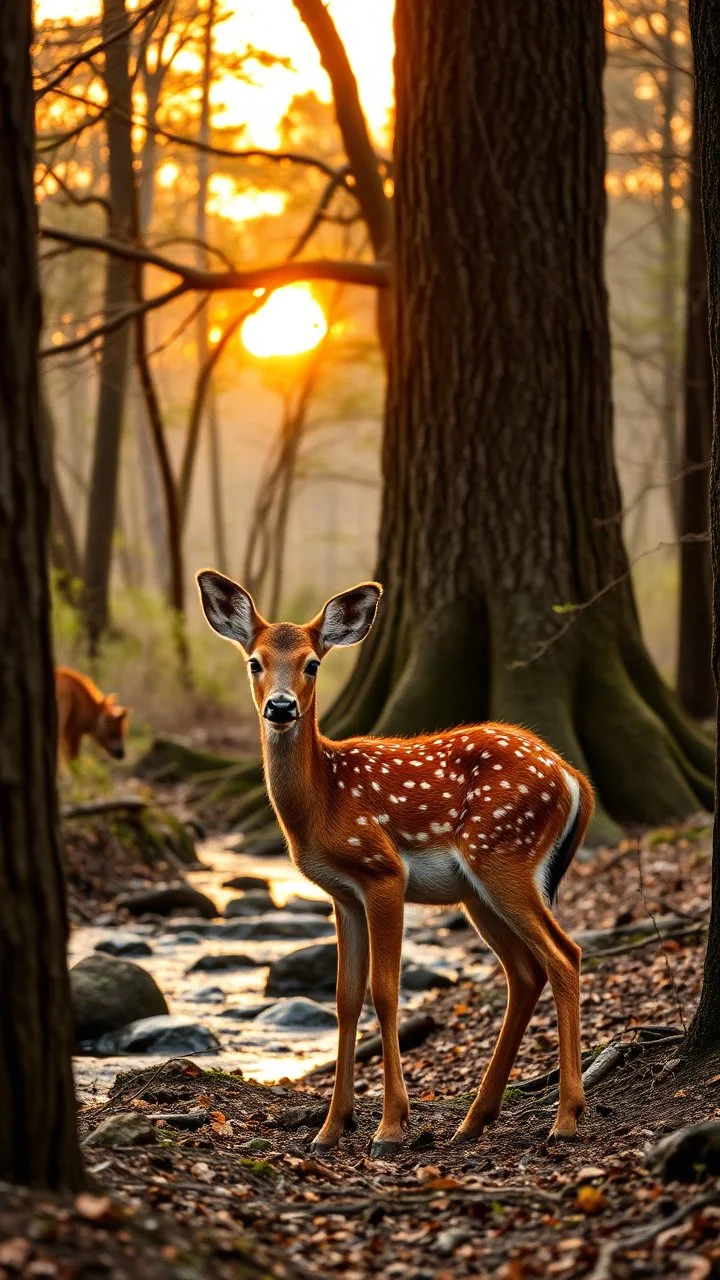 A beautiful baby dear standing in wood with a huge trees , river stream in the middle , behind to tree dim light of the sunset, a Hyena is hiding behind the tree in the back