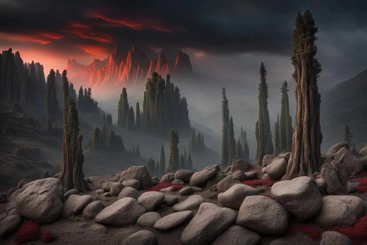 mountains, a gloomy rocky landscape, cypresses stretching up in the foreground, rocks and a bloody sky in the background