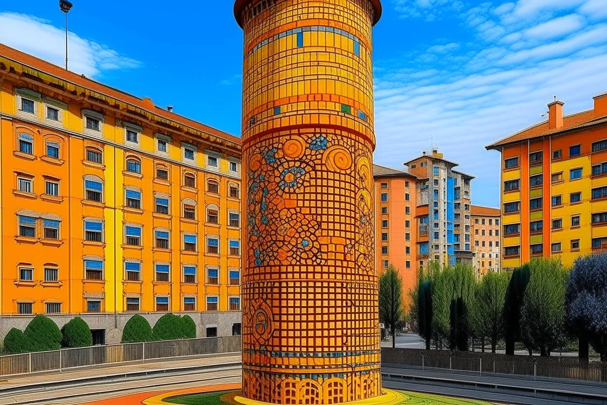 An orange colored tower in an electrical city designed in Moroccan rug art painted by Gustav Klimt