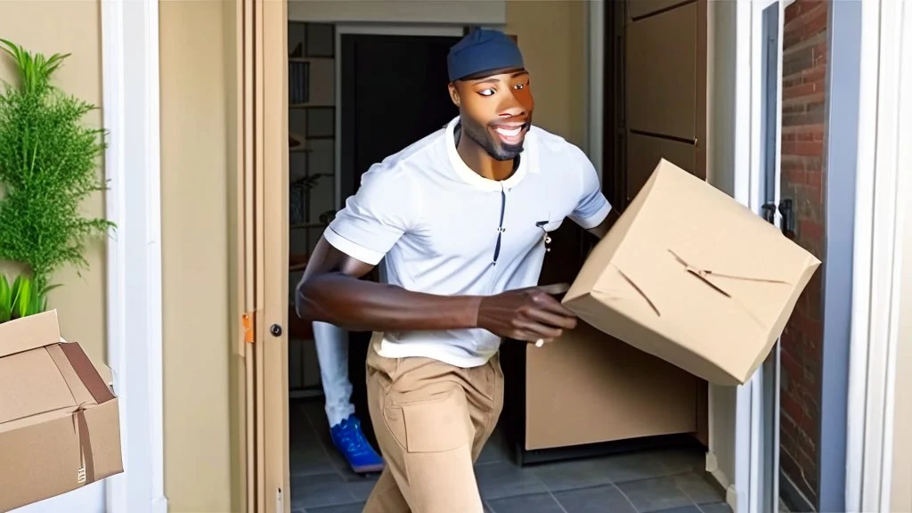 suspiciously looking Tyrone sneaks away with small delivered package apartment mailroom