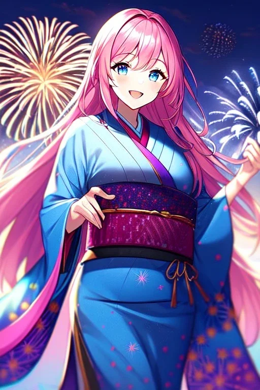 girl, masterpiece, best quality, cinematic lighting, detailed outfit, vibrant colors, perfect eyes, long hair, pink hair, blue eyes, kimono, fireworks, laughing,