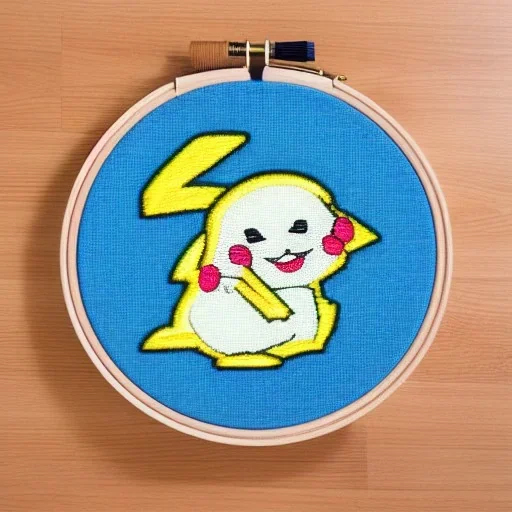 exquisite whimsical pikachu in embroidery hoop, intricate, highly detailed, linen and wood backdrop