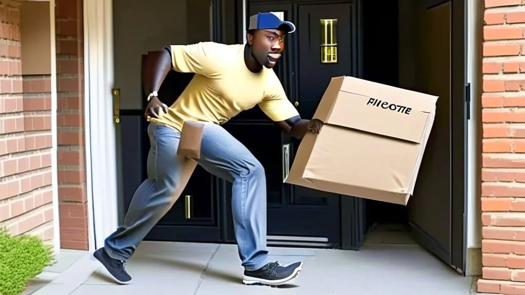 suspiciously looking Tyrone sneaking away with small delivered package from apartment mailroom