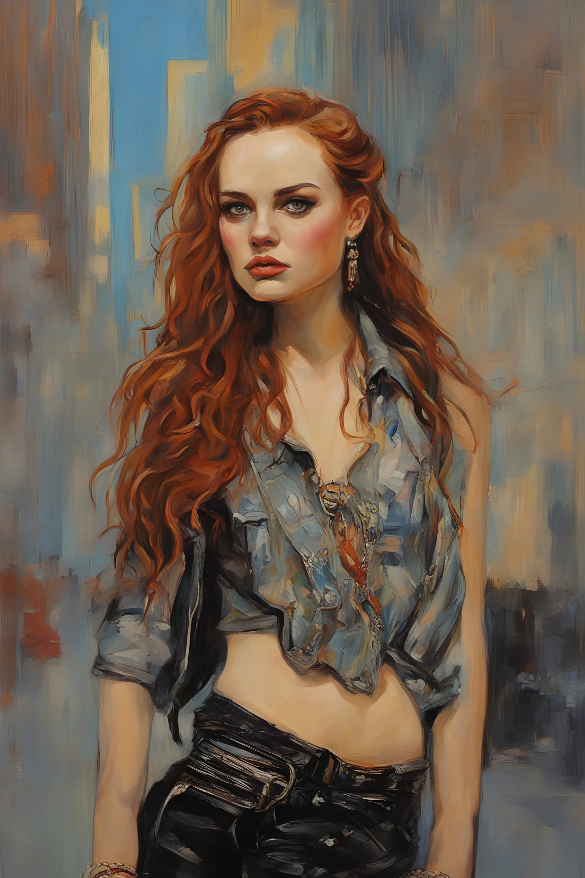 Tori Black style women eye candy oil paiting Punk on the street,on display Gustav Klimt style subject is a beautiful long long ginger hair female