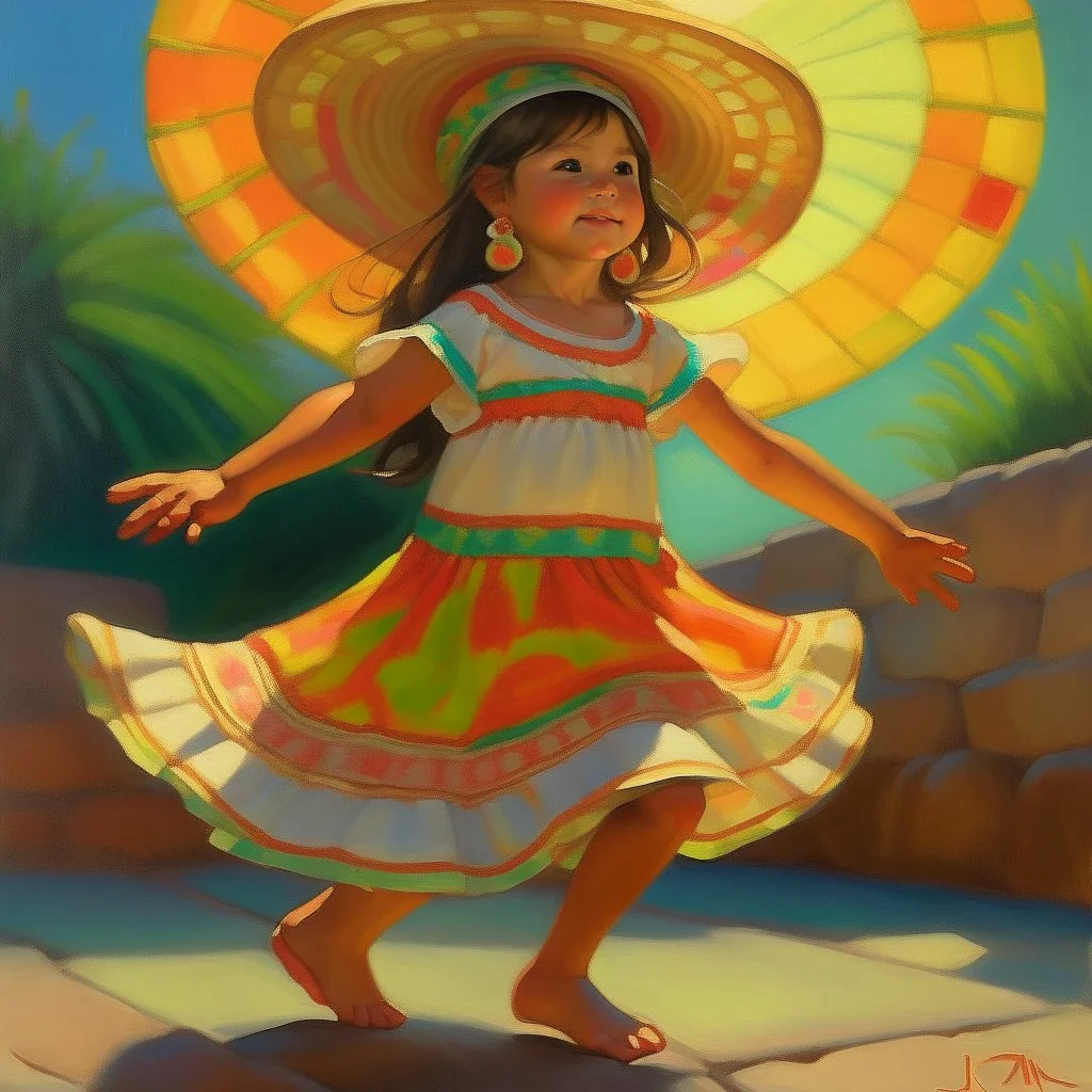 mexican child dancing painting neoclassism whole body zoom the sun