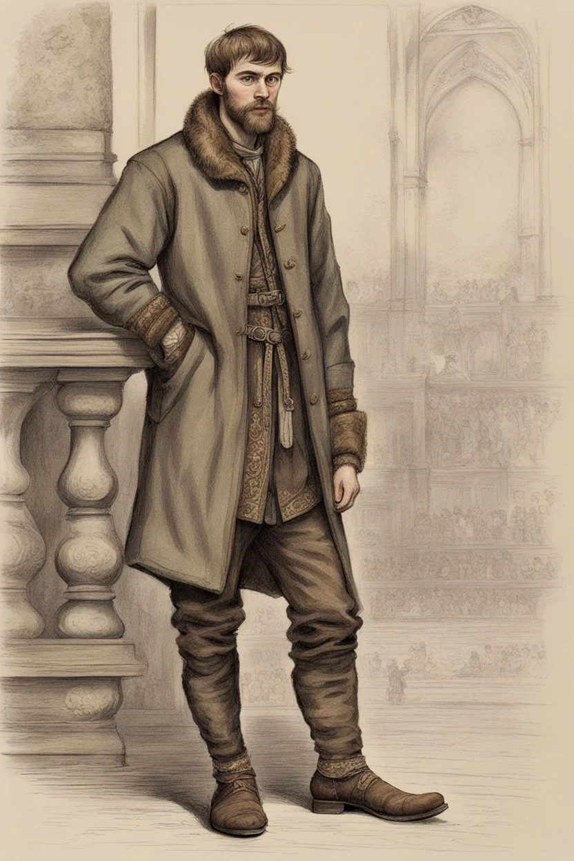 age 20, man, medieval, fighter, russian, croocked nose, czar, rich, simple clothes, short messy hair, thick beard, oligarch, brocade coat with fur, brocade clothes, pencil drawing, muscles, 20 years old, medival leather bootsspitz, gewand aus seide