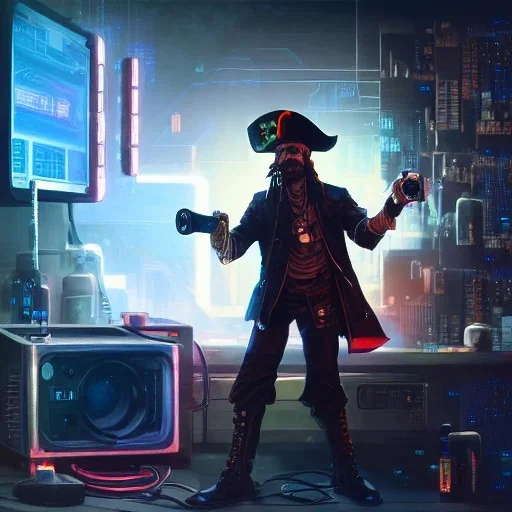 a cyberpunk hacker pirate captain holding a beer with a pirate hat sitting in front of a huge old crt monitor in a dark room , only light coming from crt monitor, highly detailed, intricate, digital art, trending on artstation, trending on cgsociety, by greg rutkowski