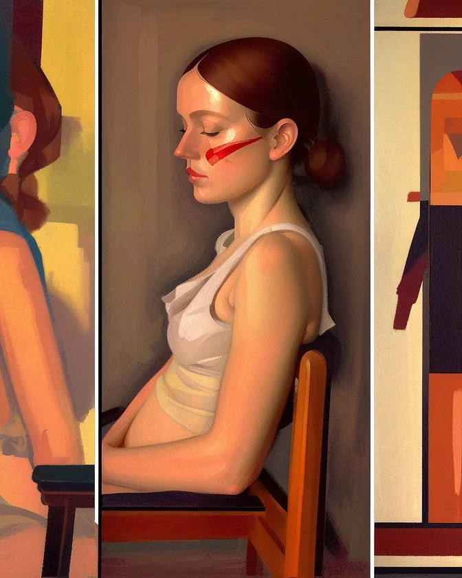 four paintings of a tired woman sitting on a chair, inspired by Paula Modersohn-Becker, flickr, cubism, kalighat highly detailed, mahmud barzanji, sleeveless, oilpaint, variations around female, scarlet, 1970s philippines, family portrait, sukhasana, in the styles of thomas eakins, centre composition, phuoc quan