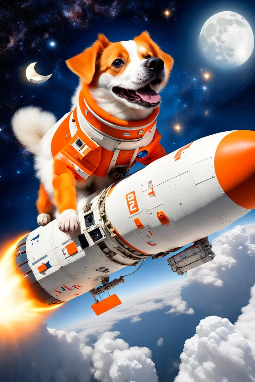 white and orange dog flies to the moon on top of the a rocket