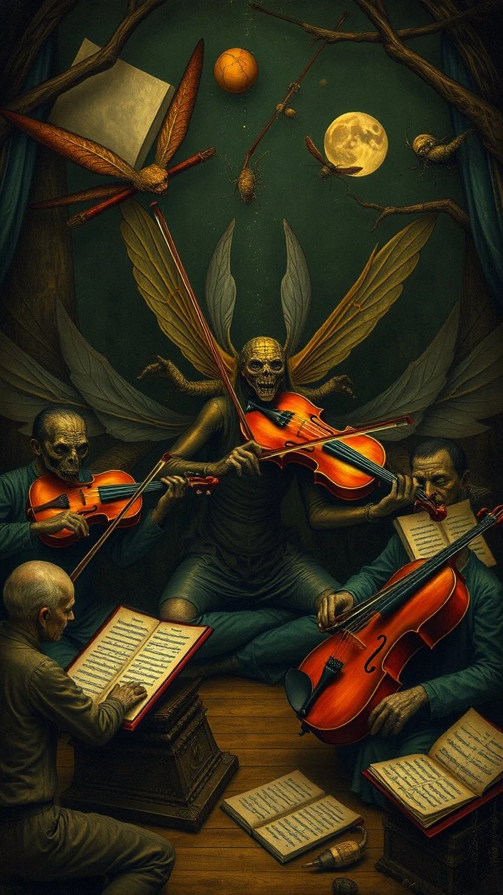 Hieronymus Bosch style nightmares , insects playing the symphony orchestra instruments