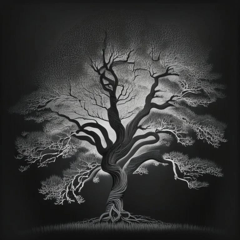 Árbol de roble estilizado en negro y gris oscuro, líneas suaves y elegantes.