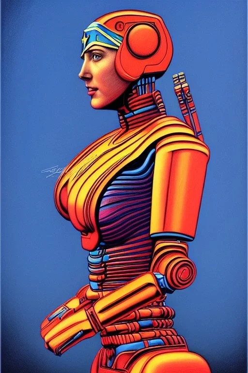 a vibrant ultraclear sideview waist up portrait of the wonder woman robot by rene magritte and laurie greasley, etching by gustave dore, colorful flat surreal, ethereal, intricate, sharp focus, illustration, highly detailed, digital painting, concept art, masterpiece