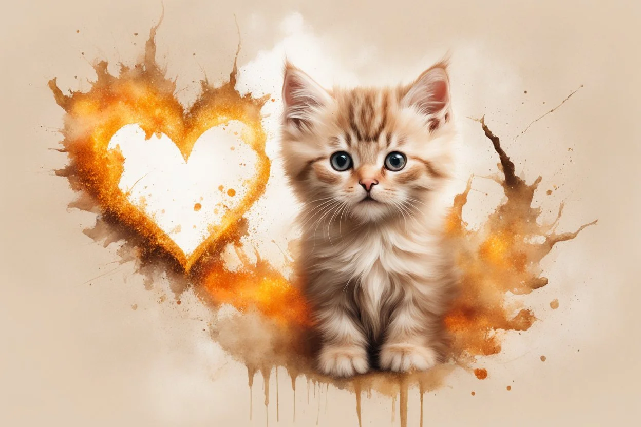 double exposure, merged layers, fluffy beige kitten with dynamically blazing fire in ochre, ink splatter art, watercolor and ink, golden glitters, double exposure heart and love