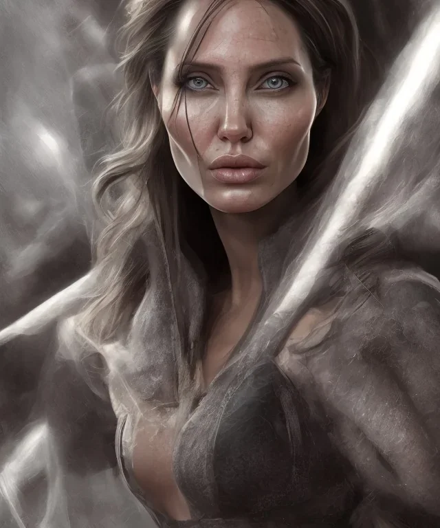 portrait head Angelina Jolie long hairs big bobs Tomb Raider