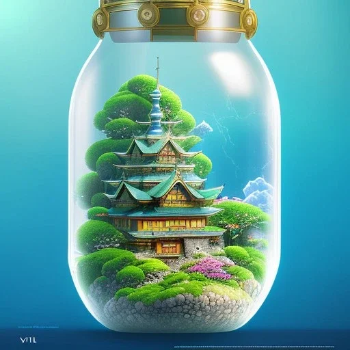 A studio ghibli characters in a jar floating, super high resolution, professional photograph, in focus, beautiful detail, professional digital art, stunning 4k, volumetric light, Award-winning photograph, photography, tokio background