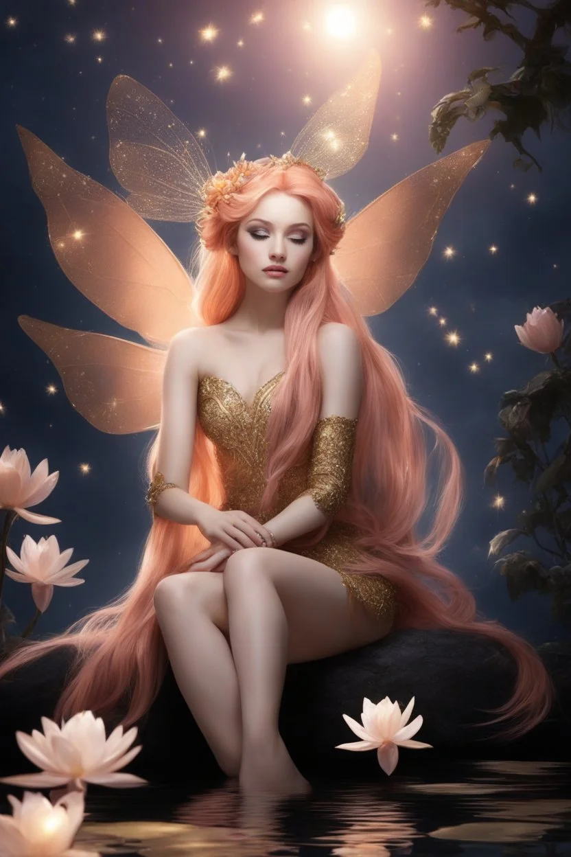 Peach hair , light peach hair, dark,night dark gold,gold,golden,rapunzel hair,dragonflies,water lilies, night,light,,butterflies,elven ears,dark fairy ,night sky,stars,princess,nymph,sparkle,glitter,orchids