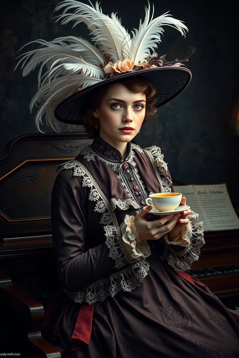 Mesmerising hyper-realistic surrealistic photographic portrait depicting Lady Perfection, Merry Poppins . Glowing with aristocratic beauty, Merry Poppins is dressed in traditional 19th century lady's attire, her hat adorned with striking white raven feathers. Her delicate face glows slightly, radiating an ethereal softness that reflects her deep connection to the mystical world. She sits on the lid of an antique piano and holds a cup of tea. The background is a complex dark canvas filled with my