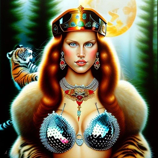 oil Portrait on canvas of busty beautiful young Red Sonja Riding a Big Tiger, with big crystal clear green eyes looking to viewer, nose piercing , tattoos , with ruby necklace by Adam hughes 8k