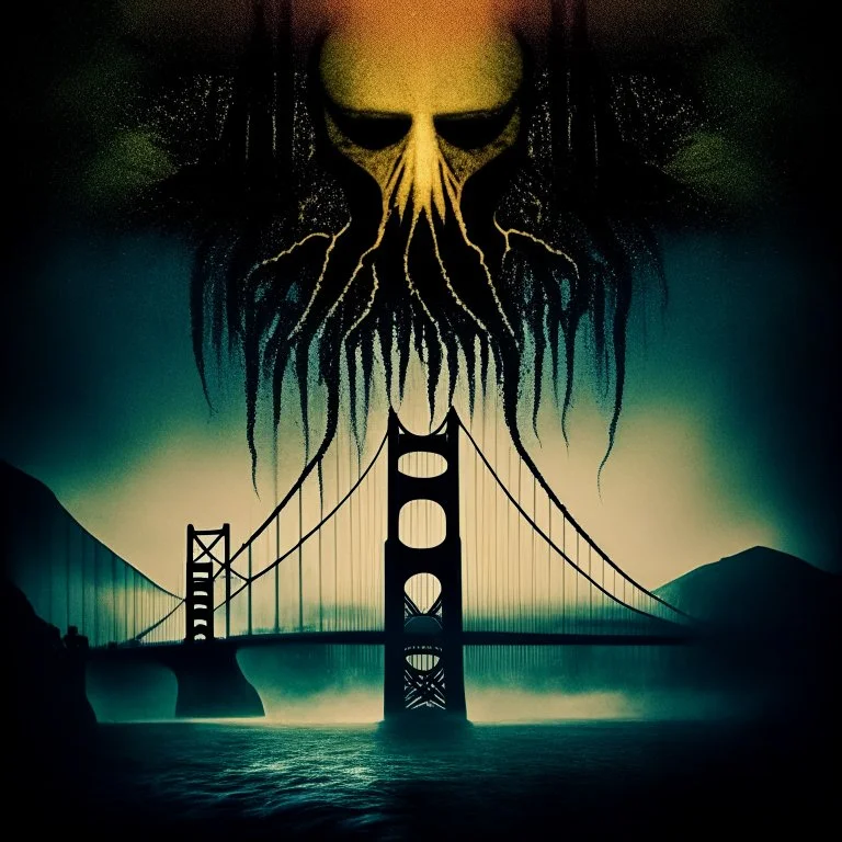 Profound modern horror movie poster, double exposure gritty spooky Cthulhu hanging over Golden Gate Bridge, ethereal blasphemies, Dramatic, deep colors, oddball masterpiece, sfumato, complex contrast, dynamic composition