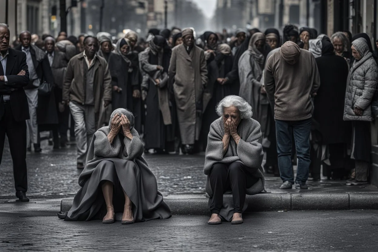 a crying woman sits with a sad face on the sidewalk on the street, people with blurred faces pass by a crying woman, a crowd of faceless gray pedestrians come and go, human backs, no one looks at the crying woman, dark colors and shades of gray, depressing, sad , a picture with a depressive mood, everything is gray, only the woman's dress is blue