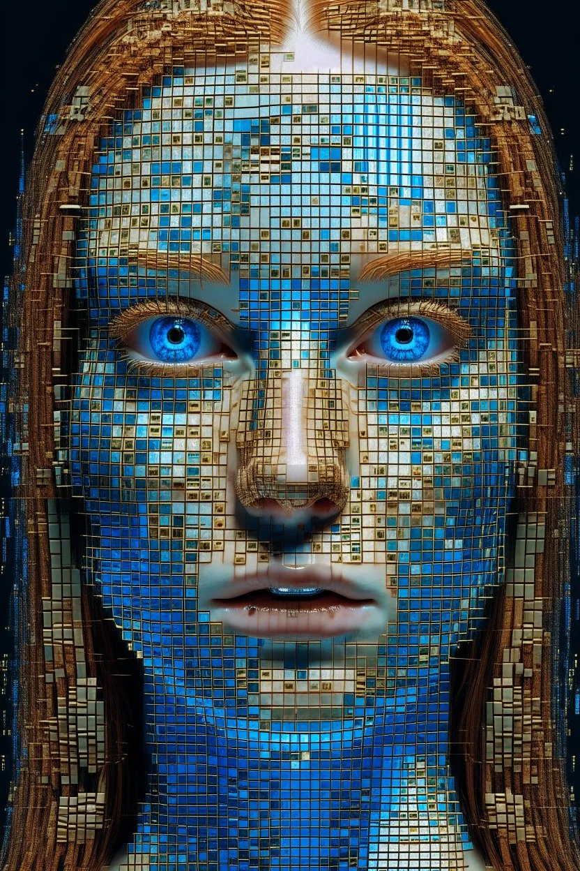 Face Shape: Glitched and polygonal—flickers between perfect symmetry and broken geometry. • Skin: Covered in pixel-like holes and corrupted data patches that flash white noise. • Eyes: One large eye that flickers like a corrupted camera lens. Bleeds binary code. • Hair: Flickering cables that spark when touched, or dissolve into numbers. • Outfit: Broken digital armor, like an unfinished VR avatar—parts are missing or out of sync.