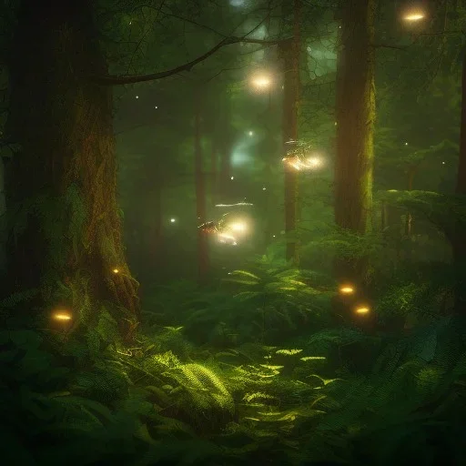 fireflies flying in the forest, ultra realistic, ultra highly detailed, shiny, smooth, studio quality, octane render, polaroid,--ar 1:1 --v4