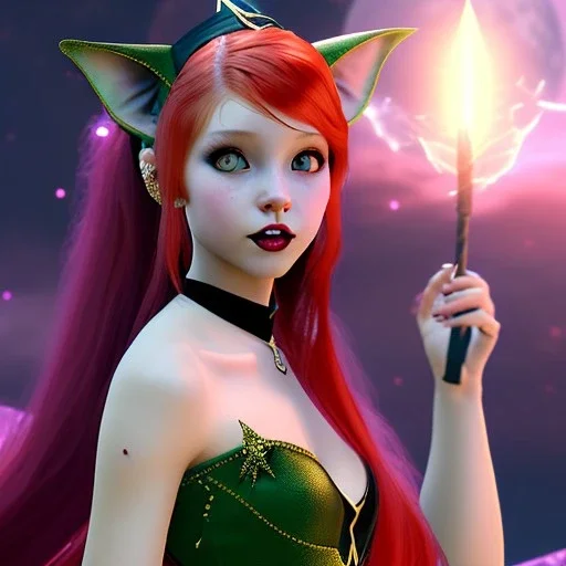 Gorgeous teenage girl with red hair who is dressed like a witch casting a spell, green eyes, no normal ears, cat ears background is realistic space, goth girl dress, full body portrait, arm colors gradient effect into stars, rendered, unity 3d, unreal engine, dslr, hdr, 4k, edited, photorealistic, normal number of appendages, freckles, artists rendering