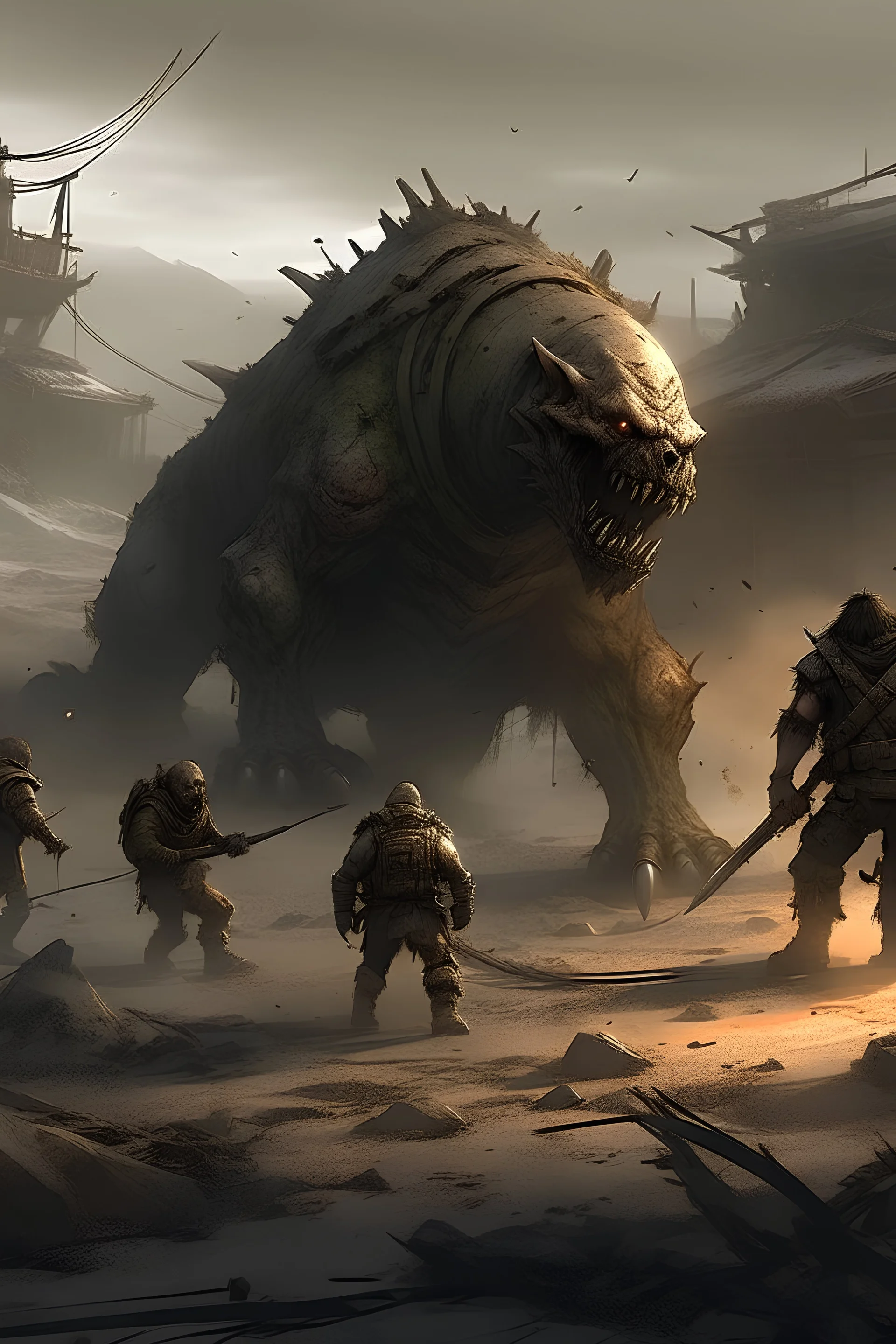 survivors battle against a beast, post-apocalyptic, concept art