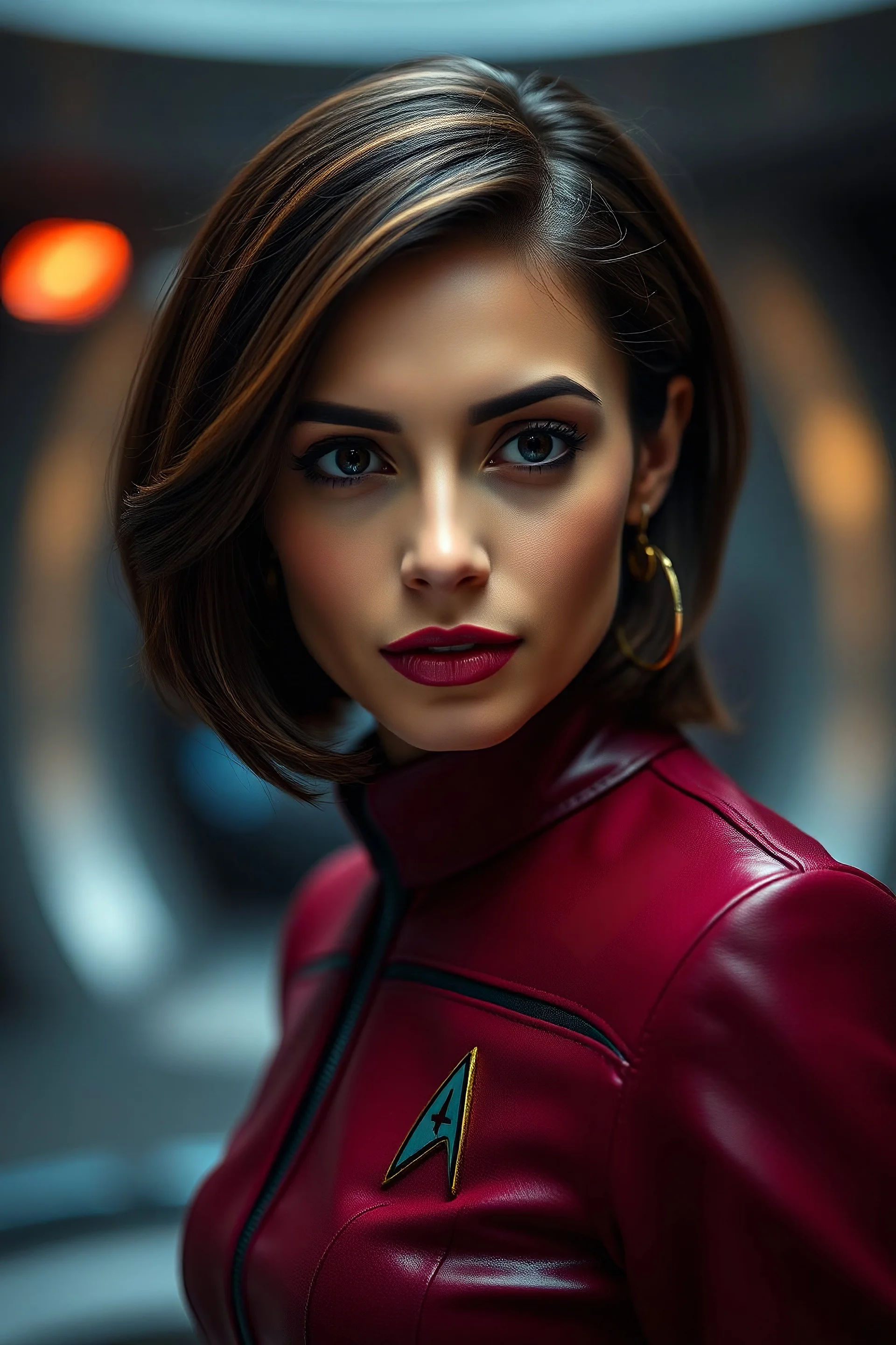 Medium shot portrait fascinating beautiful actress Angela Sarafyan , short dark brown hairstyle irredscent light brown color, wearing cherry glossy color cadet costume of Star Trek Voyager, bokeh, dynamic lighting, sophisticed mood, intricate expressions and feelings, filmic, superb shot, sci-fi scene, realistic photography