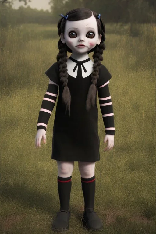 Wednesday Addams toddler, full body, jump, bokeh, hyper realistic