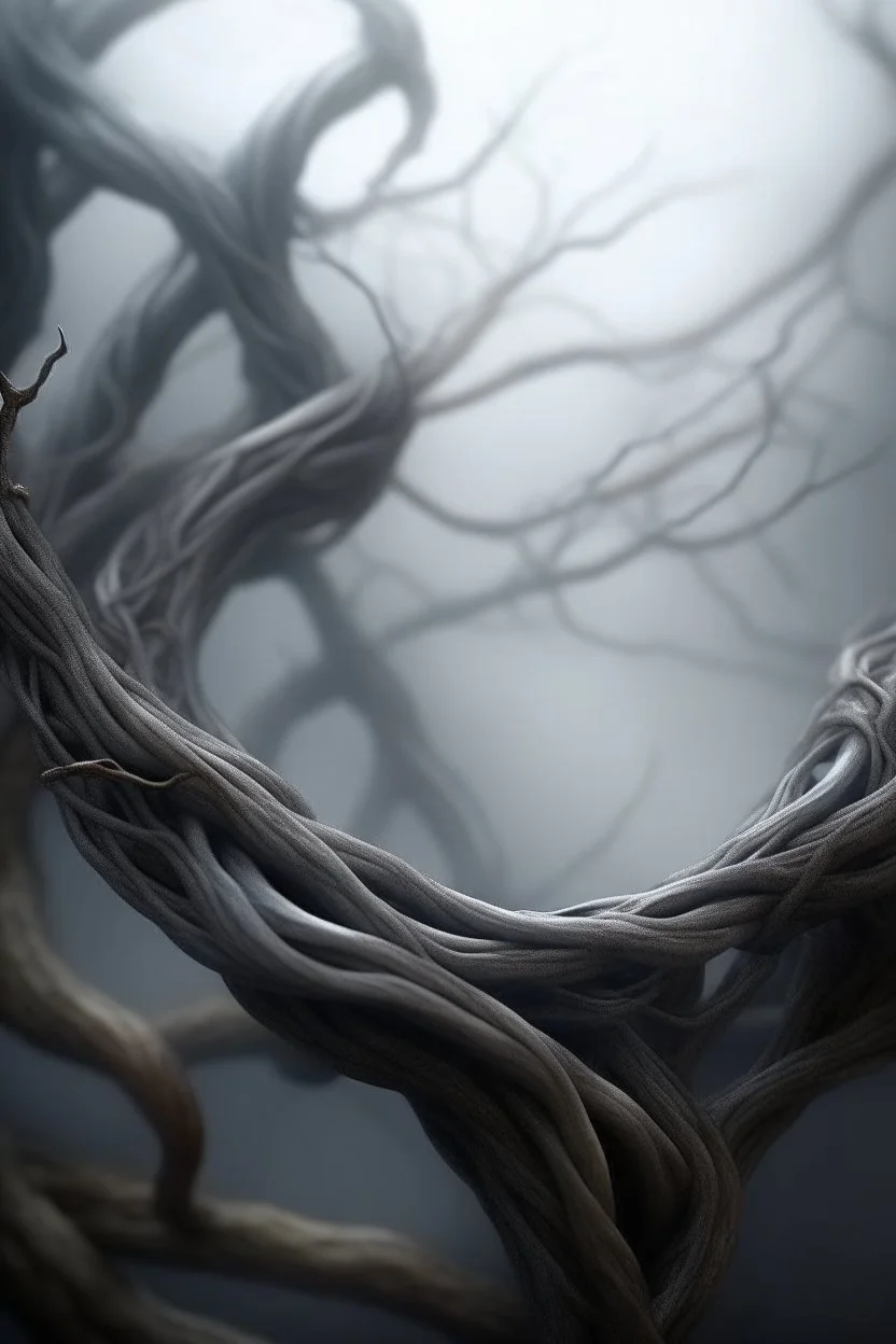 <#1031164080234450964> Multiple entanglements between a twisted thin piece of cloth as part of many twisted and spiraling branches disappearing into the distant mist, epic photo, sharp on highly detailed skin with wrinkles and high contrast, photorealistic, 4K, 3D, realism, hyperrealism, detail, good lighting, detailed texture, modern photography style, 3D, 4D, 4K --2:3