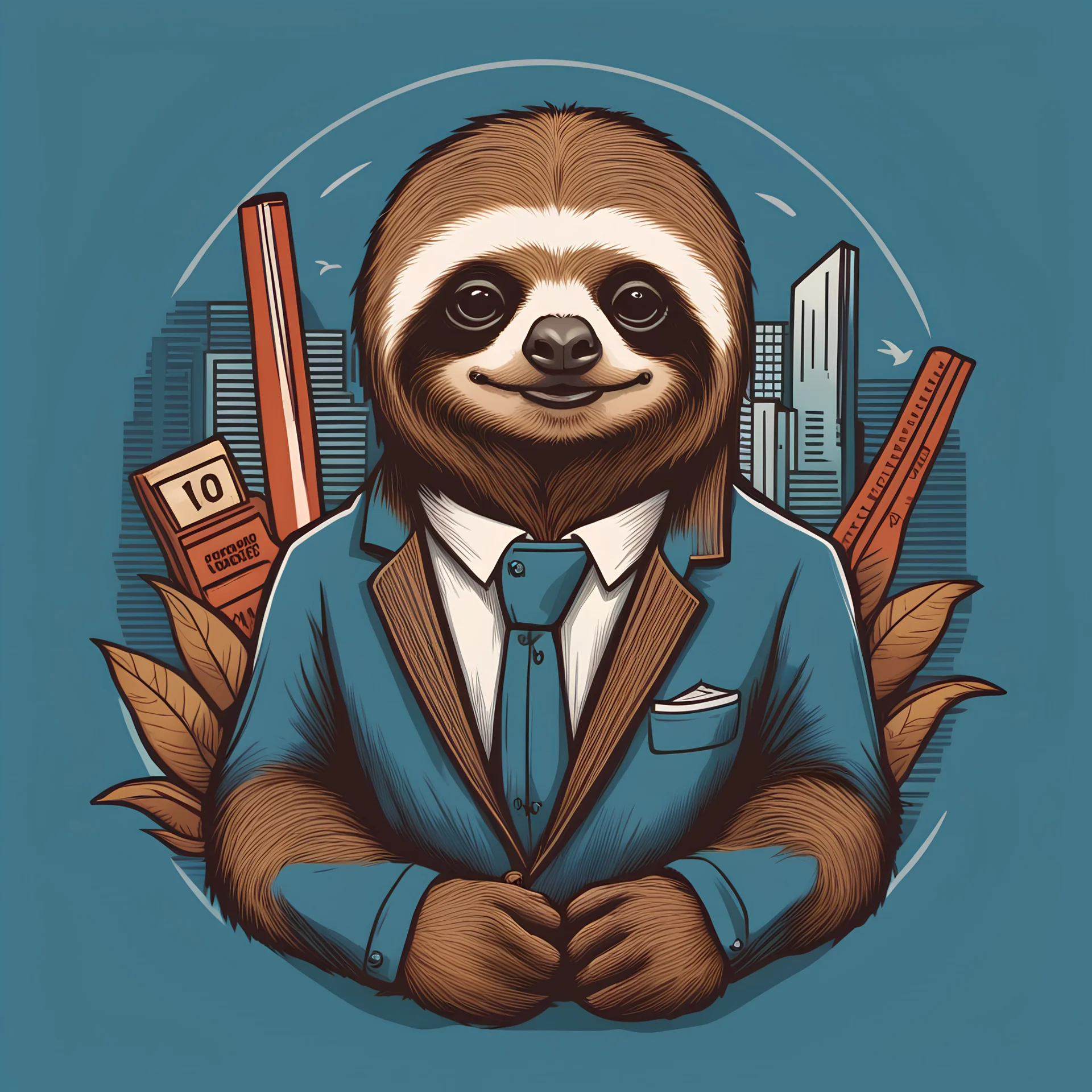 a t-shirt design of A sloth dressed as a high-speed stock trader with the caption "Speed is Overrated."