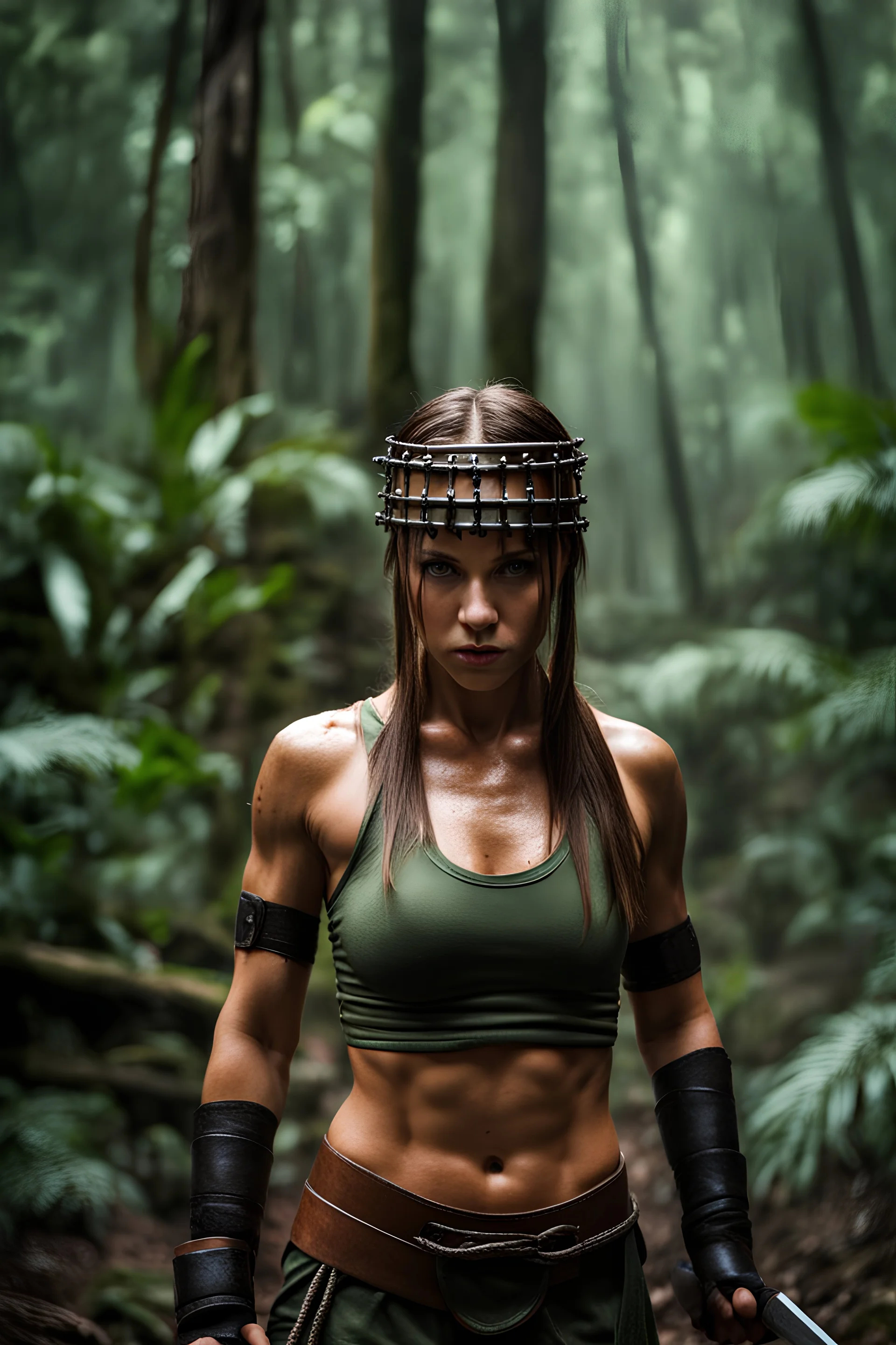 Warrior girl in rain forest with trees sword down hitting the head of a training dummy, sweaty, photo-real.