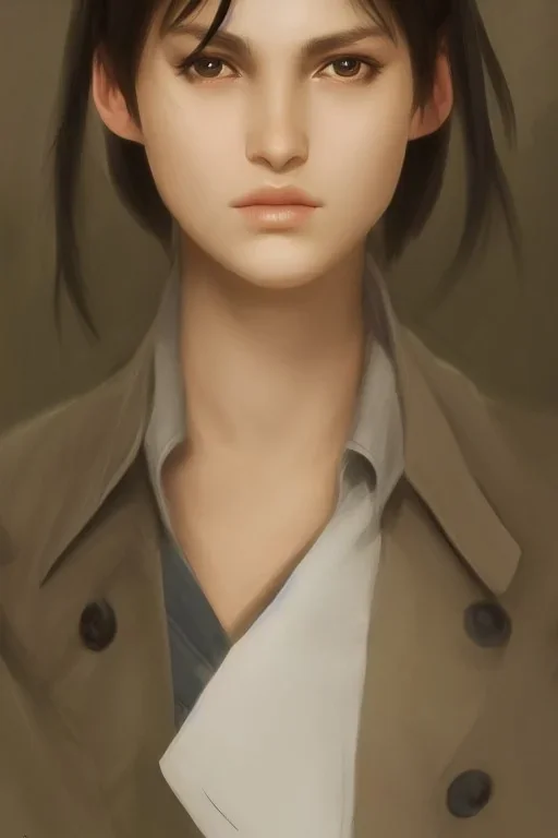 upper body portrait of a young girl from final fantasy live action, with short black hair and green eyes in a tan trenchcoat over a white shirt, award winning, masterpiece digital painting by greg rutkowski, alex grey, artstation, 4k wallpaper