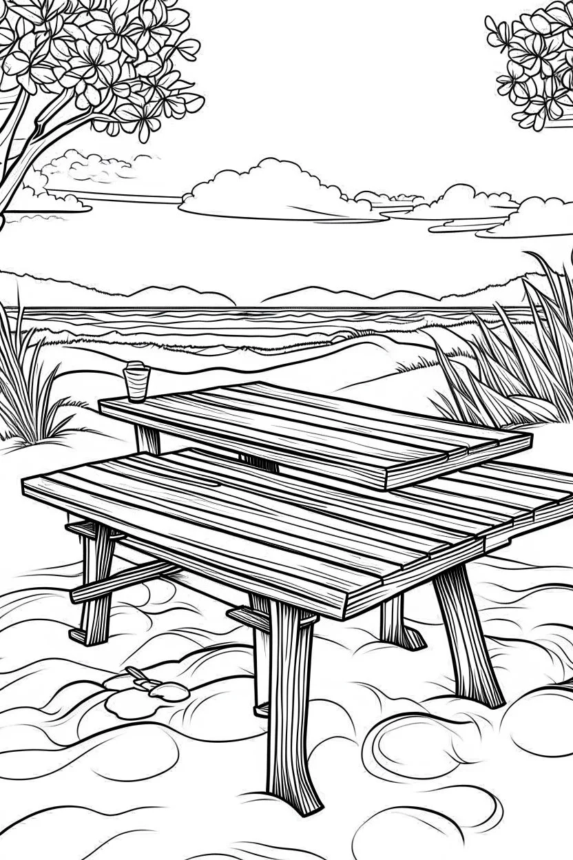 Outline art for coloring page, PICNIC TABLE ON A HAWAII BEACH, coloring page, white background, Sketch style, only use outline, clean line art, white background, no shadows, no shading, no color, clear
