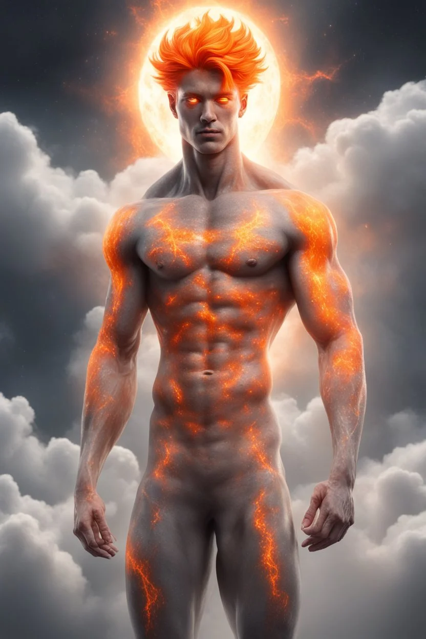 full body picture of a slim muscular god with galaxy's in his eyes, glowing orange hair that looks like it's made of the sun, a light gray body made of clouds with glowing cracks of orange within it in cloud patterns. realistic 4k