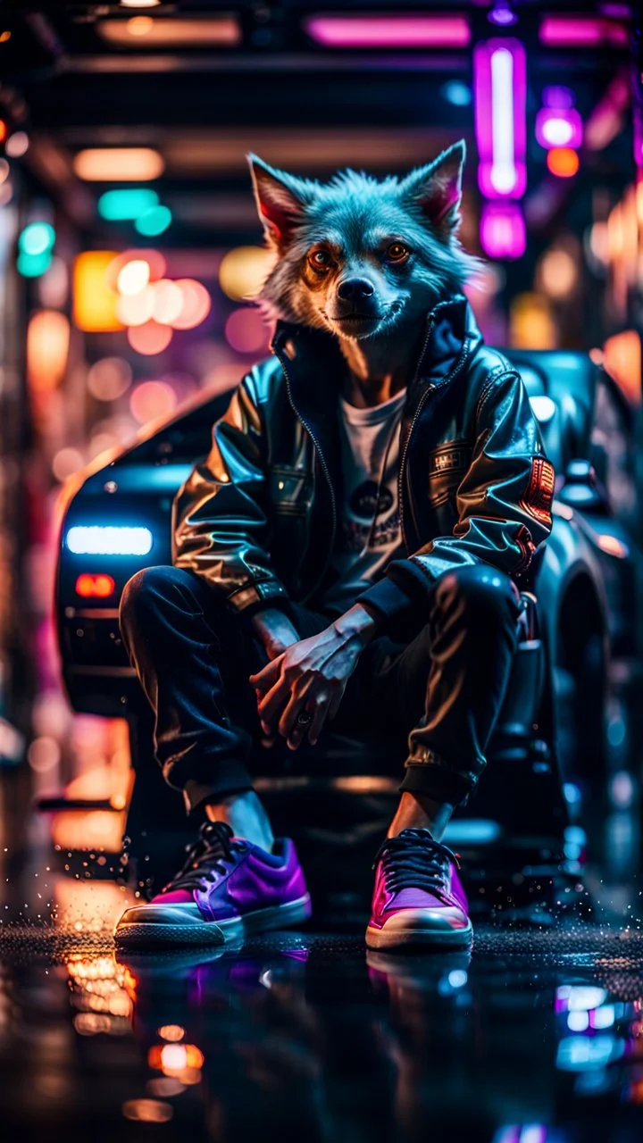 camera angle from feet, portrait of slick lord water wolf Gremlin myth buster pimp ninja cyber punk sitting on a hipster car parked in dark fashionably lit reflective wet arcade hall tunnel,bokeh like f/0.8, tilt-shift lens 8k, high detail, smooth render, down-light, unreal engine, prize winning