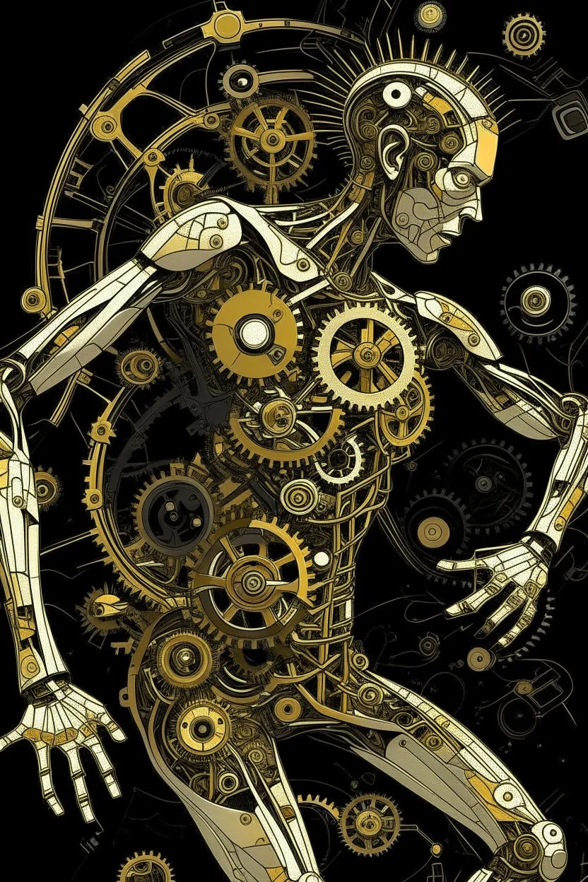 mechanical man punk cypher dancing detailed cogs and screws leonardo da vinci style detail STYLE OF Hiroshi Nagai