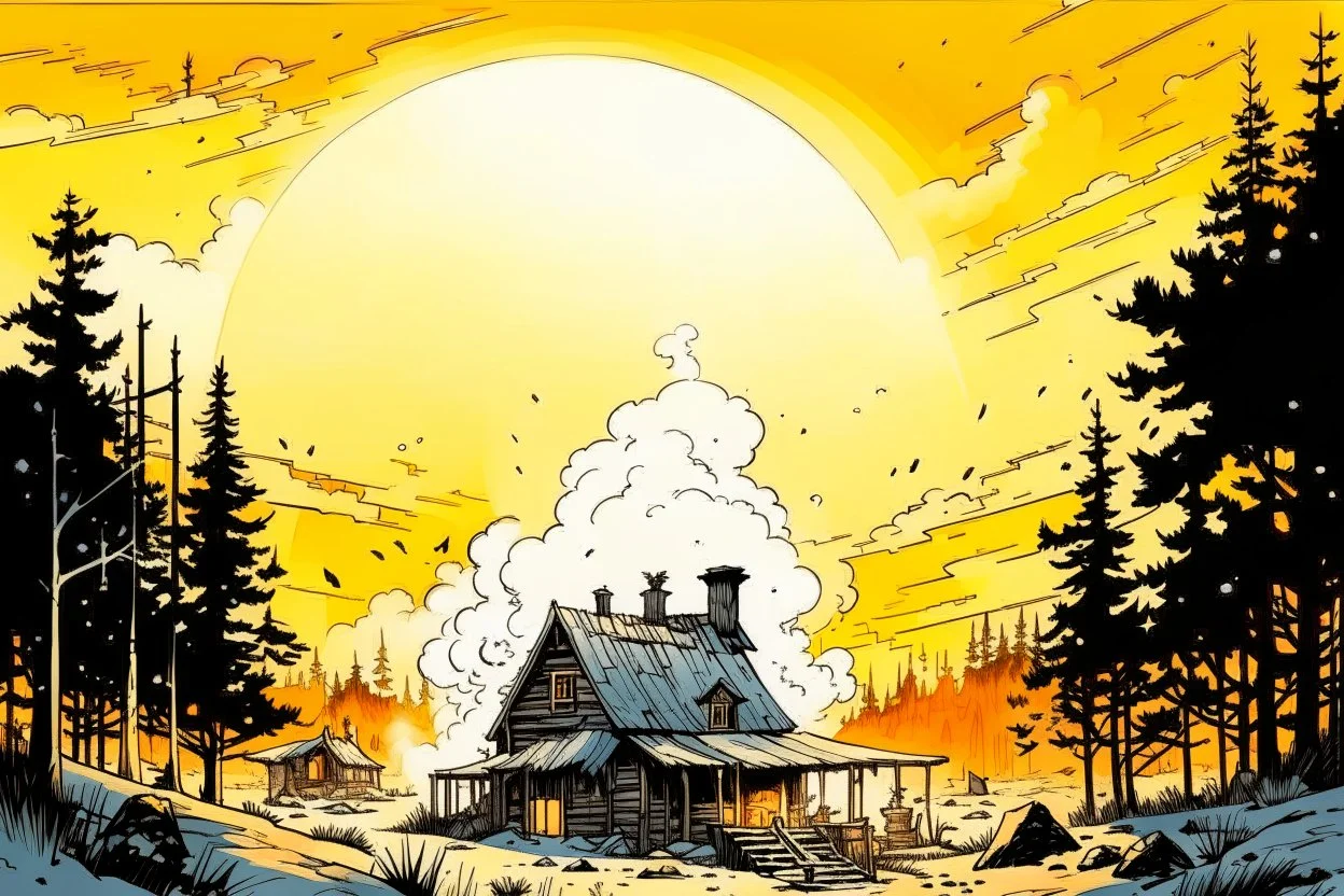 create an ink wash and watercolor illustration of a rustic snowbound cabin at sunrise surrounded by deep drifts and overshadowed by looming trees, smoke curls from the chimney, the windows exude a glow of light in the mountains of the Pacific Northwest in the comic book art style of Mike Mignola, Bill Sienkiewicz and Jean Giraud Moebius, highly detailed, grainy, gritty textures, dramatic natural lighting