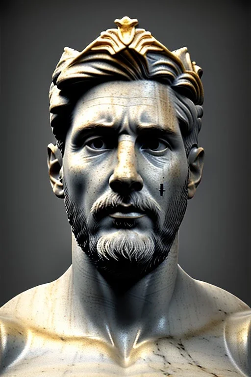 Ultra Realistic image, classical renaissance sculpture, white marble and gold material, Lionel Messi, emperor style, gold Laurel leaves crown, chisel style, waist up portrait, epic, celestial, cinematic lighting, God light, god rays, 4k resolution, smooth details, ornate details, soft lighting, unreal engine 5, sky background.