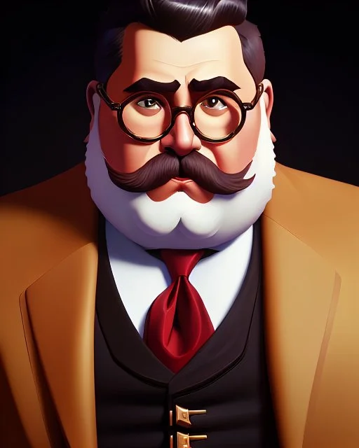 Pintura del pintor Fernando Botero de pie, con gafas redondas y barba blanca pequeña, bigote pequeño, cuerpo completo, arte de tinta, calidad ultra, 8k, cuerpo completo, barba pequeña