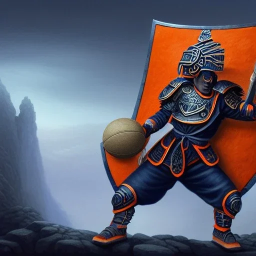 a fierce warrior in full navy blue and orange battle armor, with an S-shaped shield, holding a basketball, background of Inka jungle, a highly detailed illustration, realistic render, 8 k, micro detail, intricate, elegant, centered, digital painting, Artstation, smooth, sharp focus, illustration, artgerm, tomasz alen kopera, peter mohrbacher, donato giancola, joseph christian leyendecker, wlop, boris vallejo