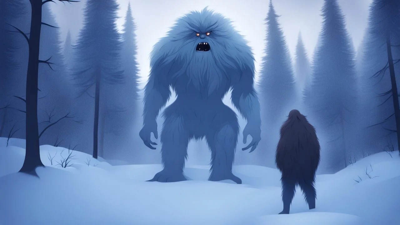 large humanoid hairy monster in the snowy forest